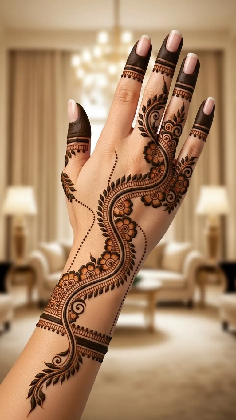 Diagonal vine Arabic mehndi for back of full hand