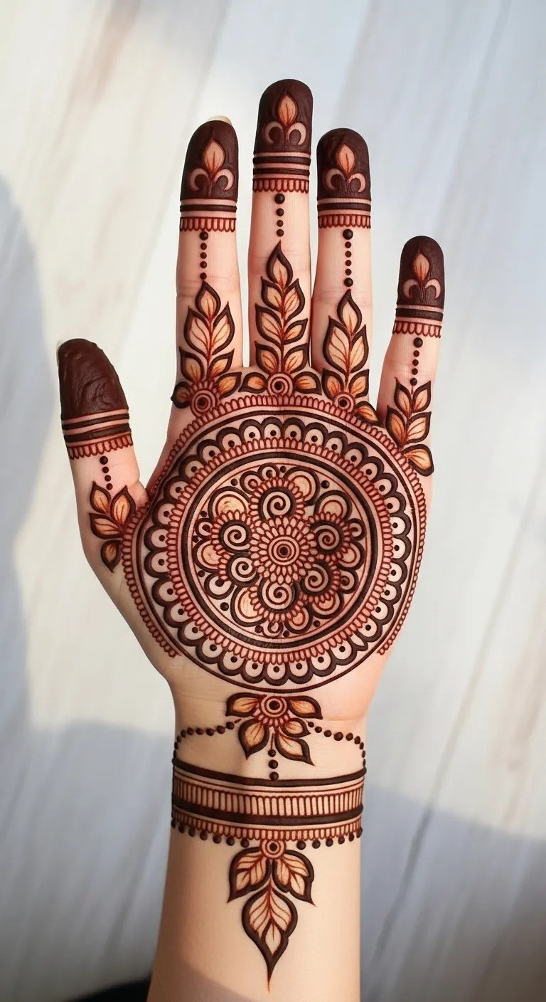 Arabic circle mehndi design with leaf trails
