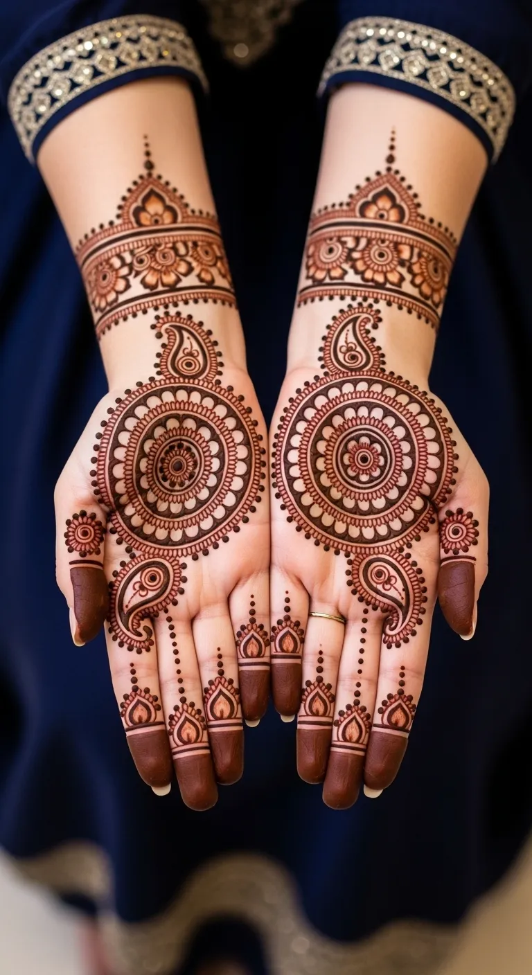 Arabic circle mehndi with paisley extensions