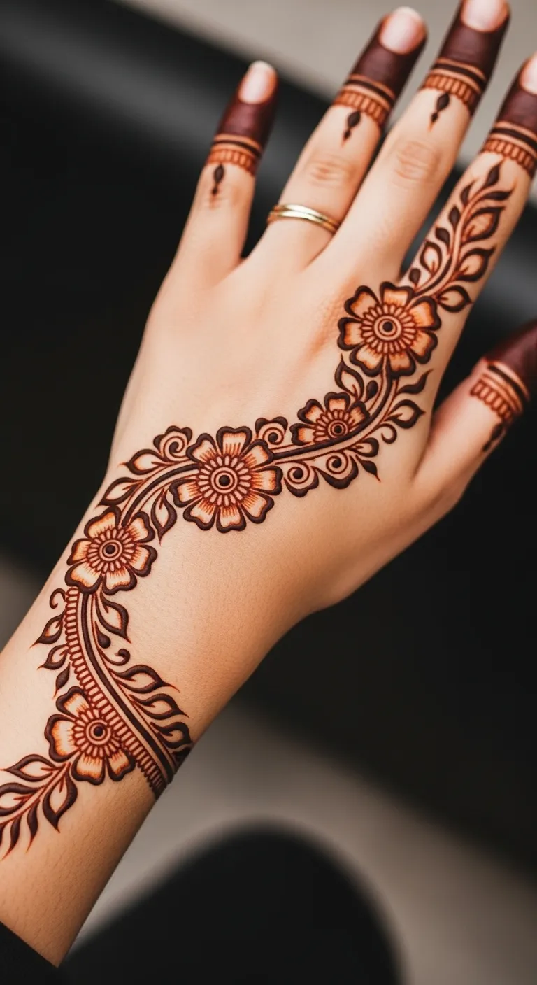 Arabic diagonal vine mehndi for front hand