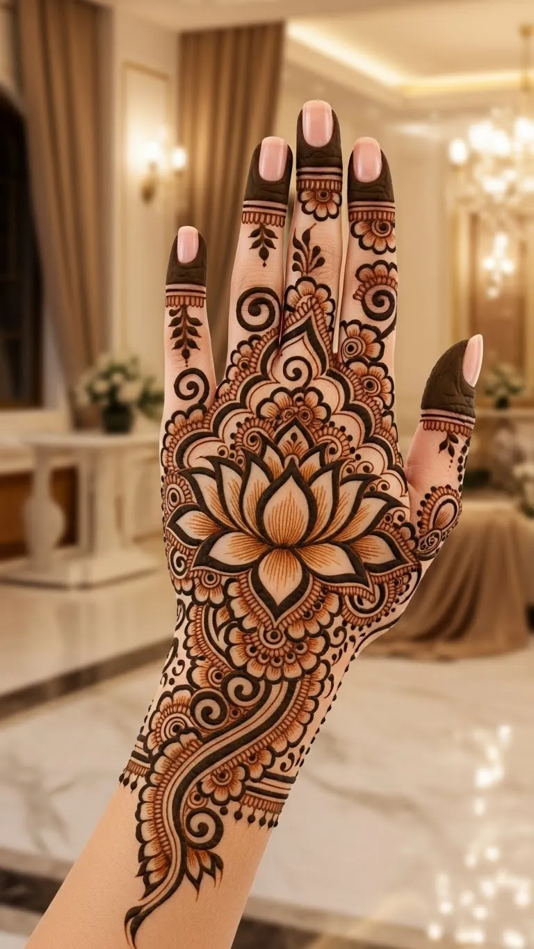 Arabic full hand mehndi with lotus and tendrils