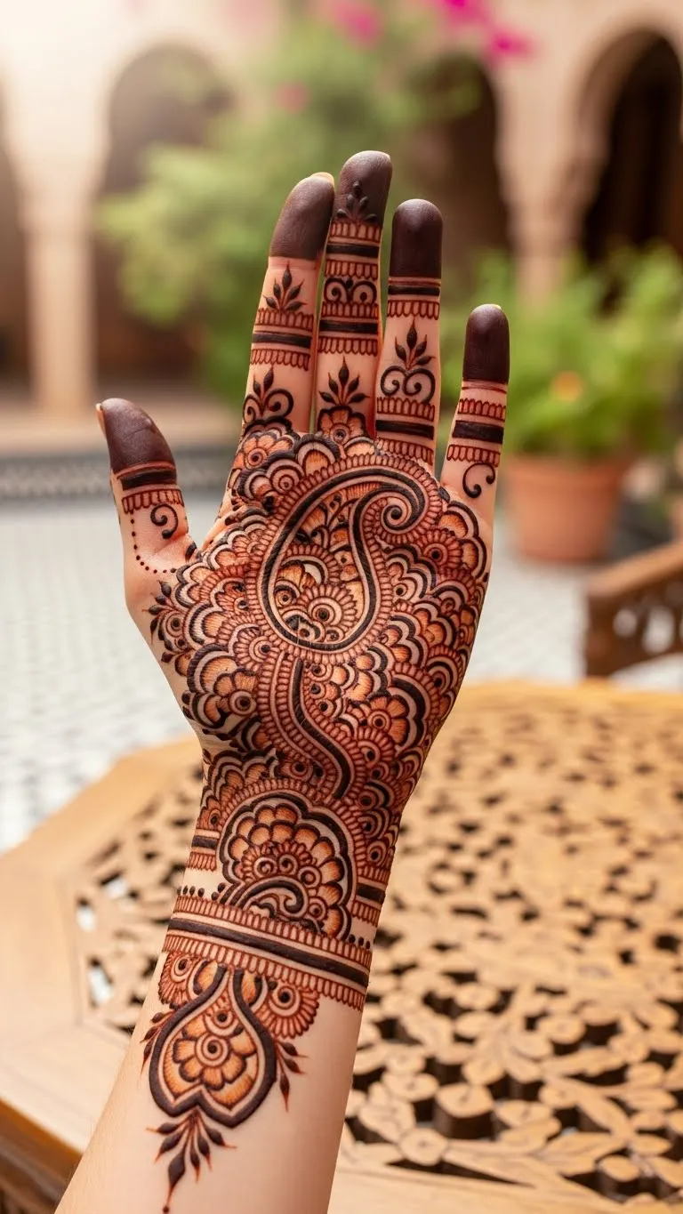 Arabic mehndi design with paisleys on full hand