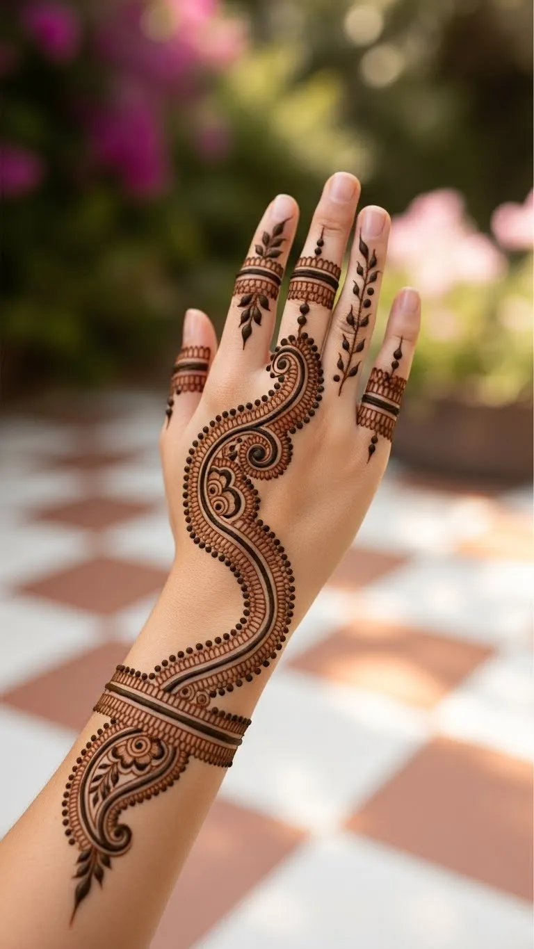 Classic paisley trail Arabic mehndi for full hand