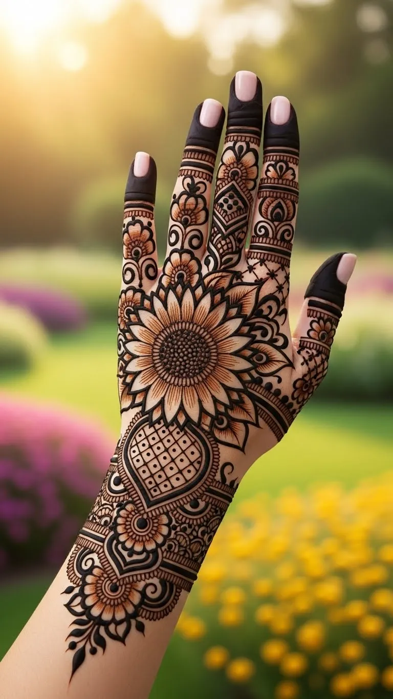 Large sunflower at palm center with petal extensions
