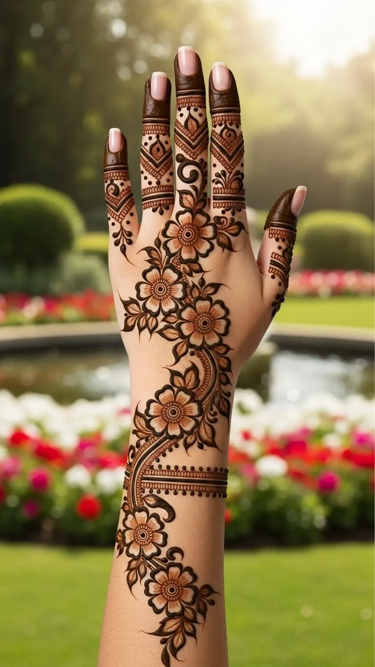 Arabic full hand mehndi with flowing vine and blooms