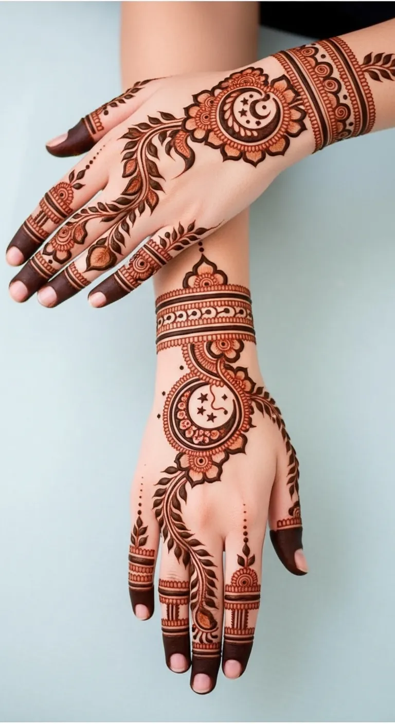 Arabic Karwa Chauth mehndi with moon and vine pattern