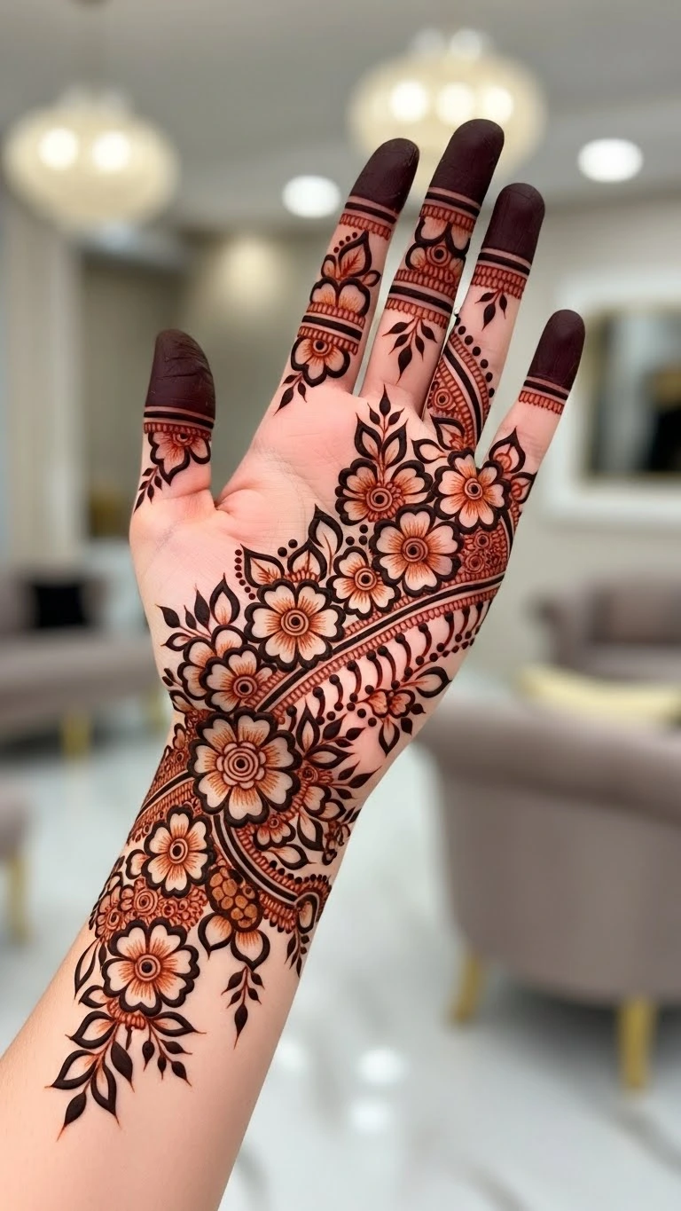 Large floral motifs placed diagonally across the palm