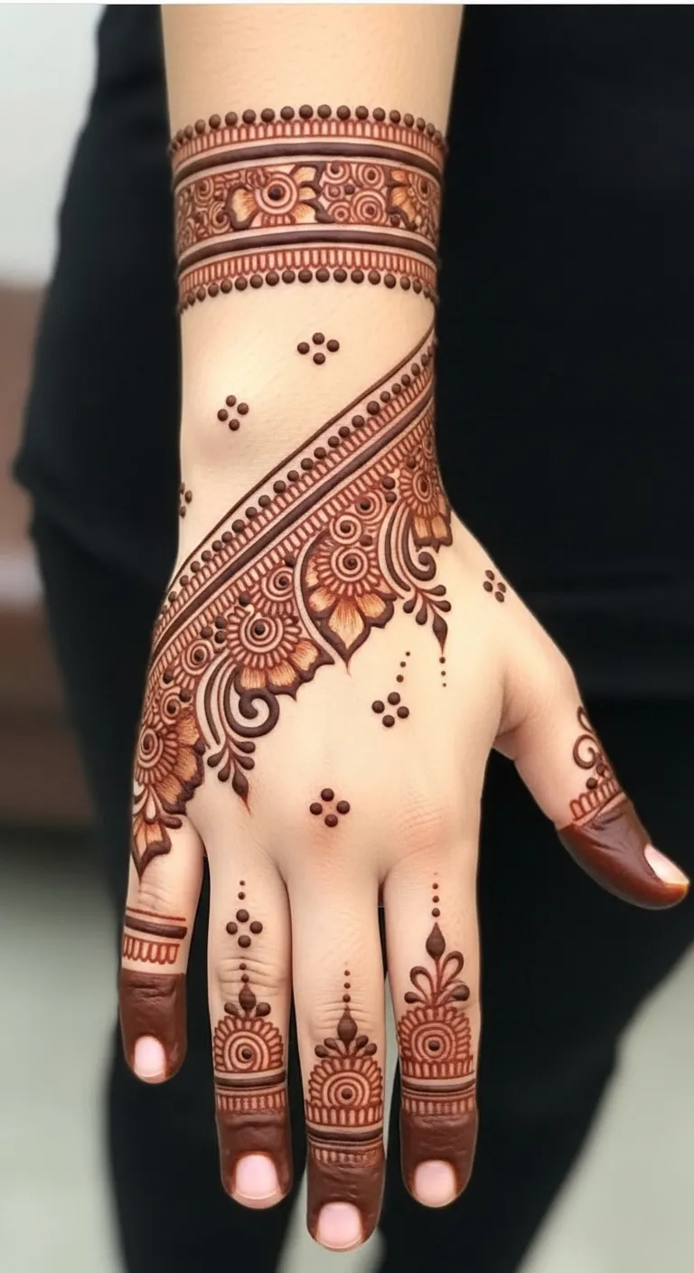 Arabic Pakistani diagonal mehndi with wrist cuff design