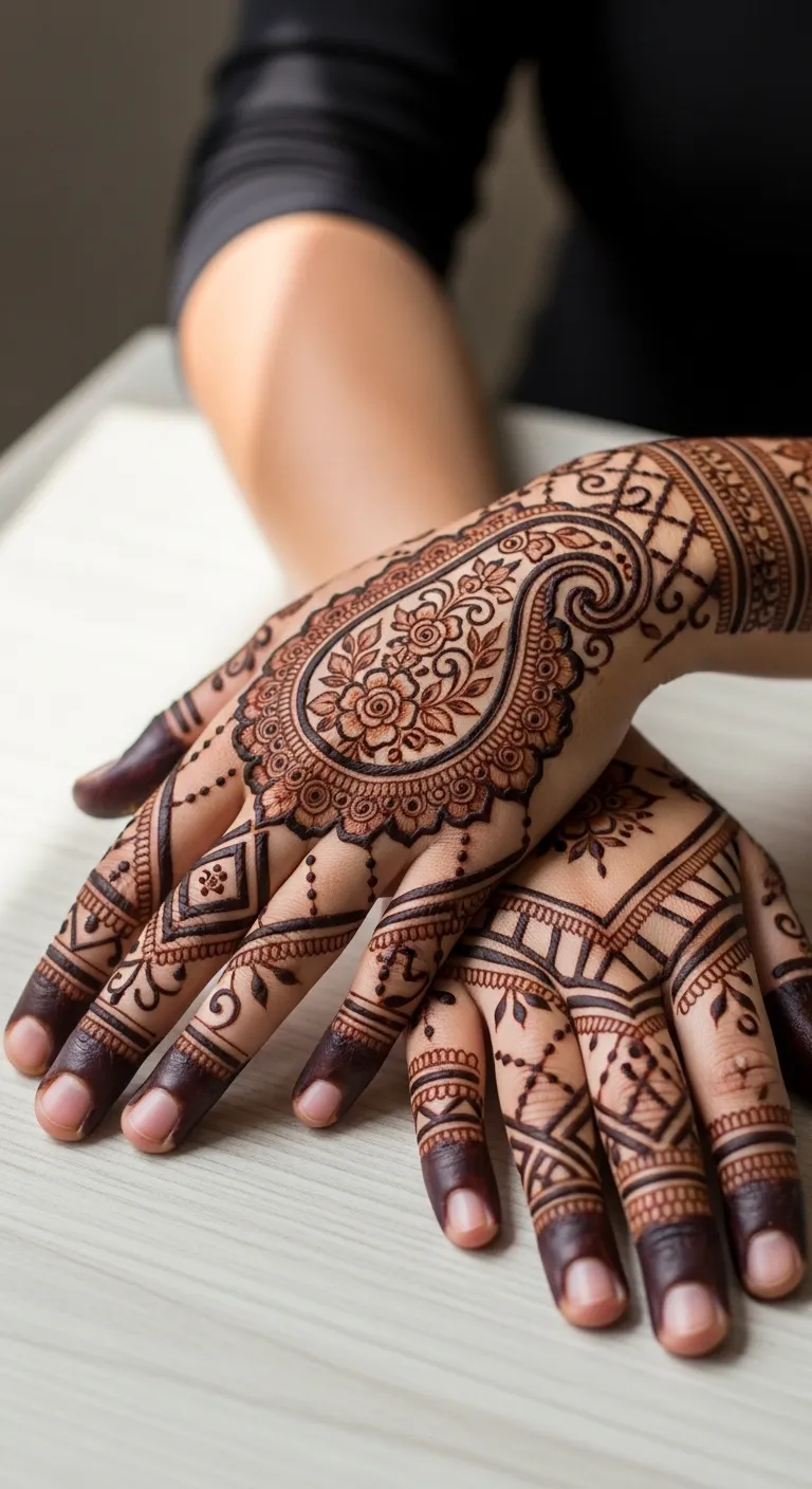 Arabic Pakistani paisley mehndi with floral filling