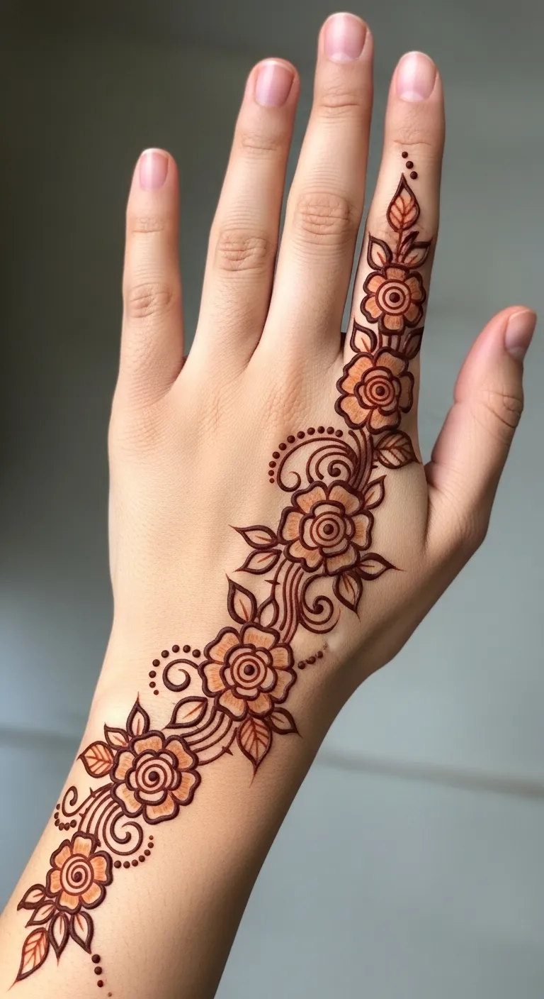 Arabic rose vine mehndi from wrist to finger