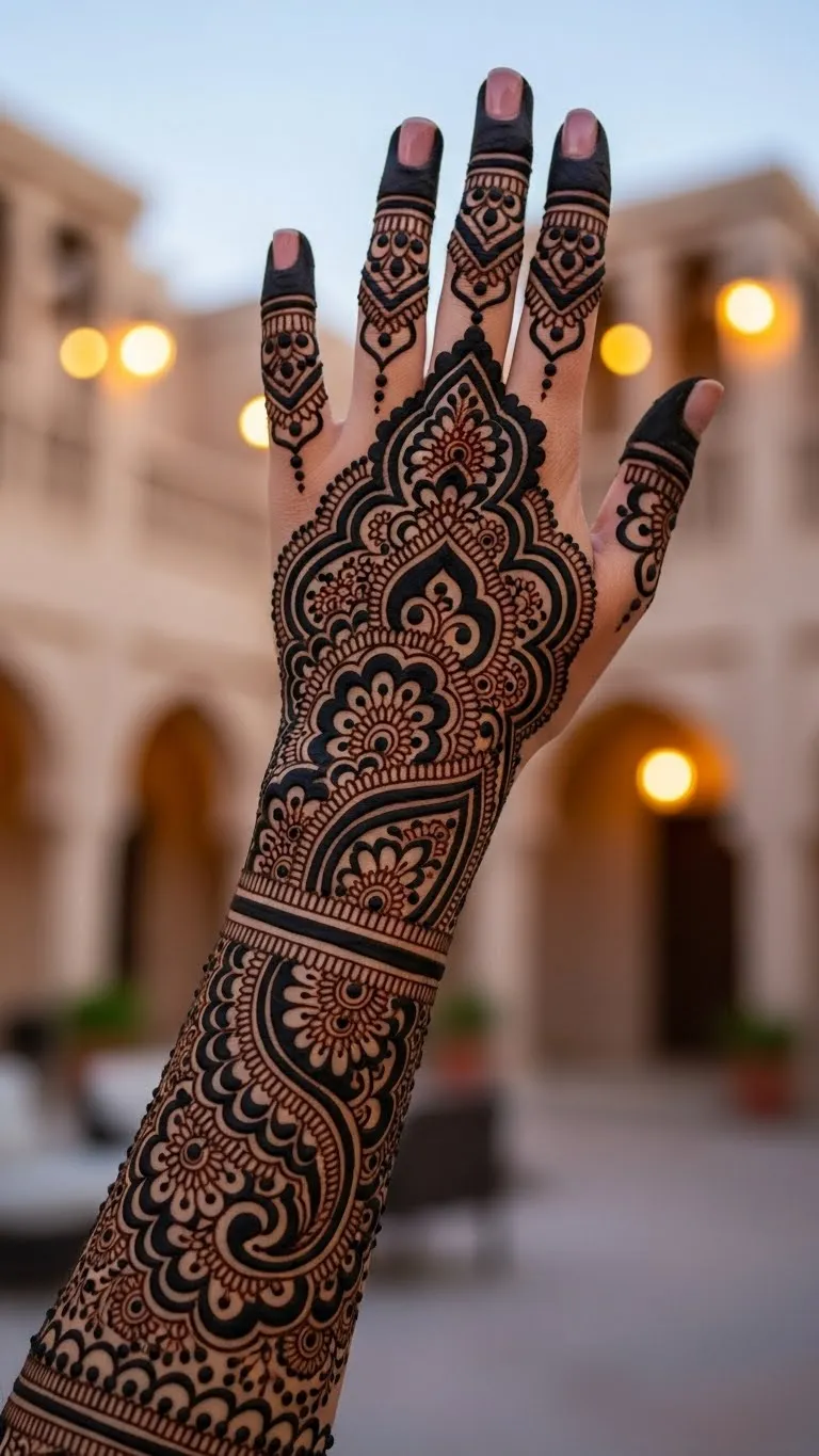 Heavy paisley Arabic mehndi for full hand