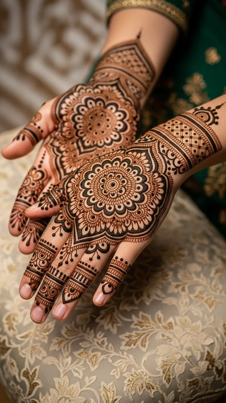 Bold Arabic full hand mehndi with shaded 