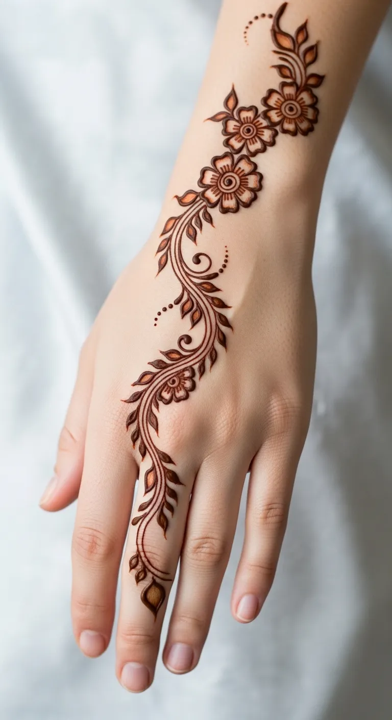 Bridal Arabic mehndi design with sweeping floral trail