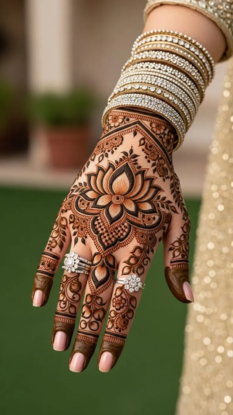 Bridal Arabic mehndi with lotus on full hand