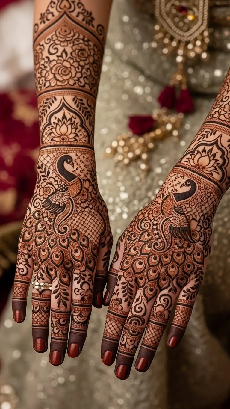 Bridal Arabic full hand mehndi with peacock motif