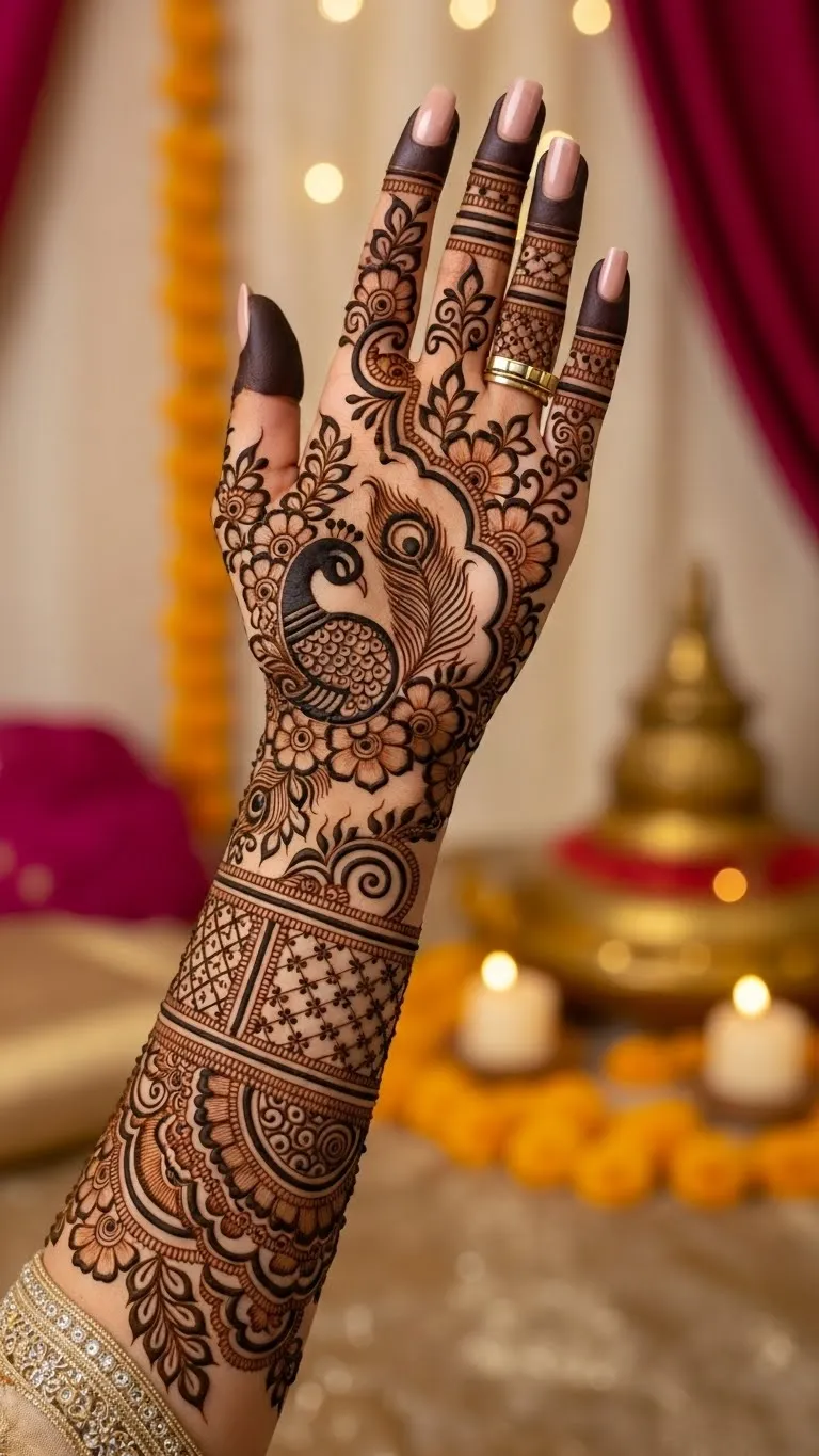 Bridal peacock flower Arabic mehndi right hand