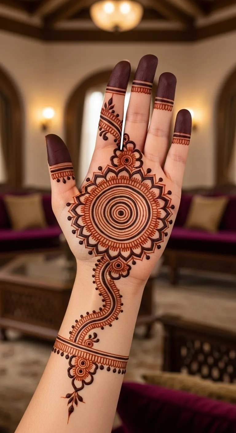 Concentric circles Arabic mehndi right hand