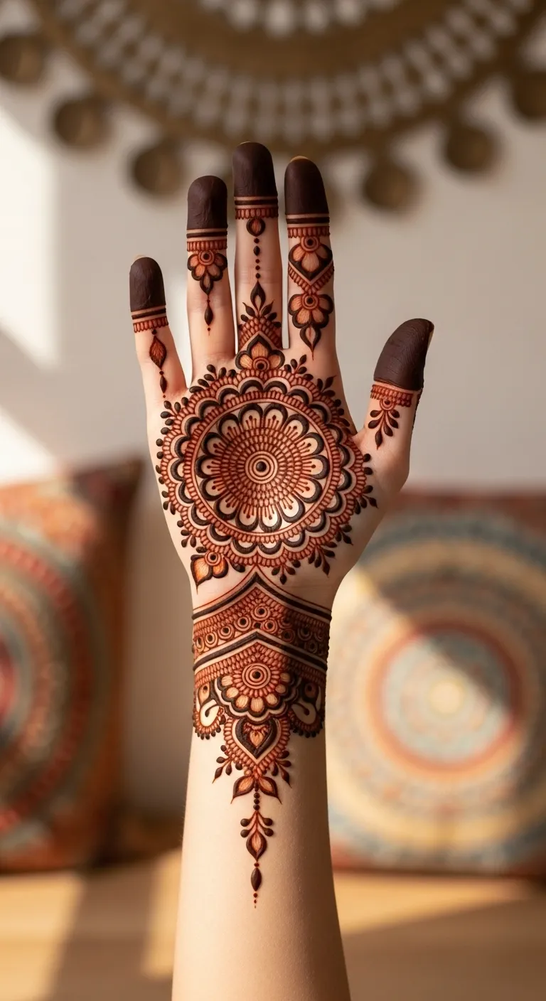 Circle mandala Arabic mehndi for right hand