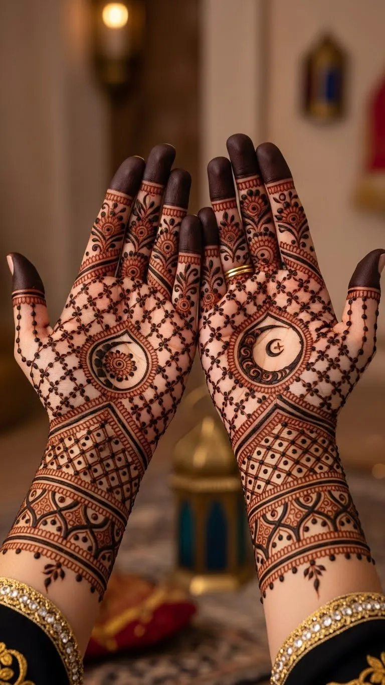 Festival Arabic full hand mehndi with crescent for Eid