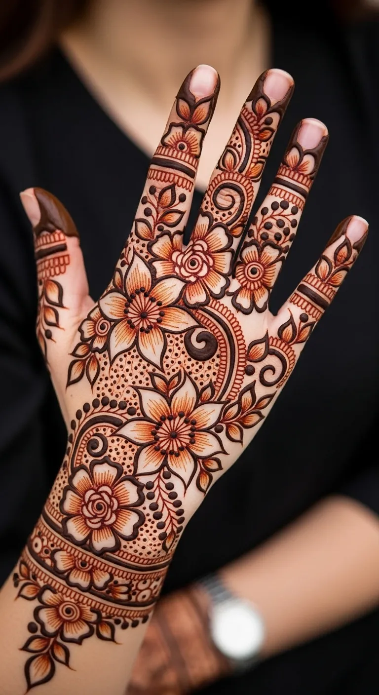 Festive Arabic floral mehndi for front hand