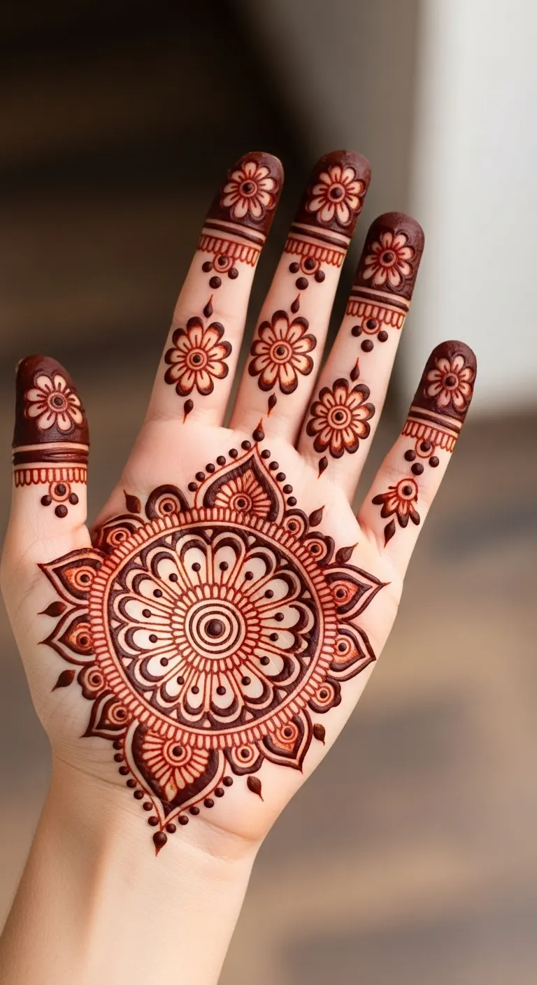 Arabic finger flowers with mandala mehndi