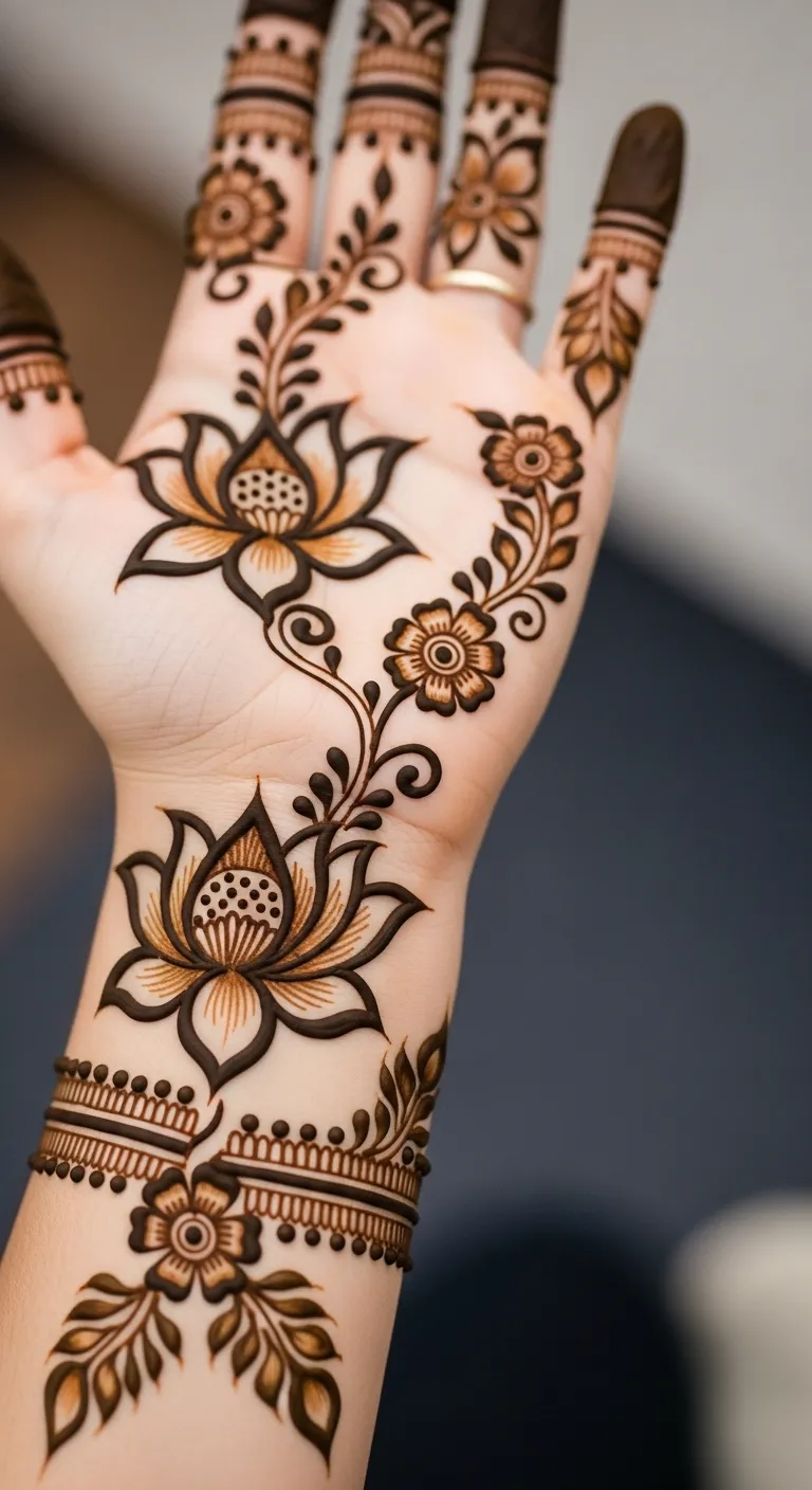 Arabic lotus pair mehndi on front hand
