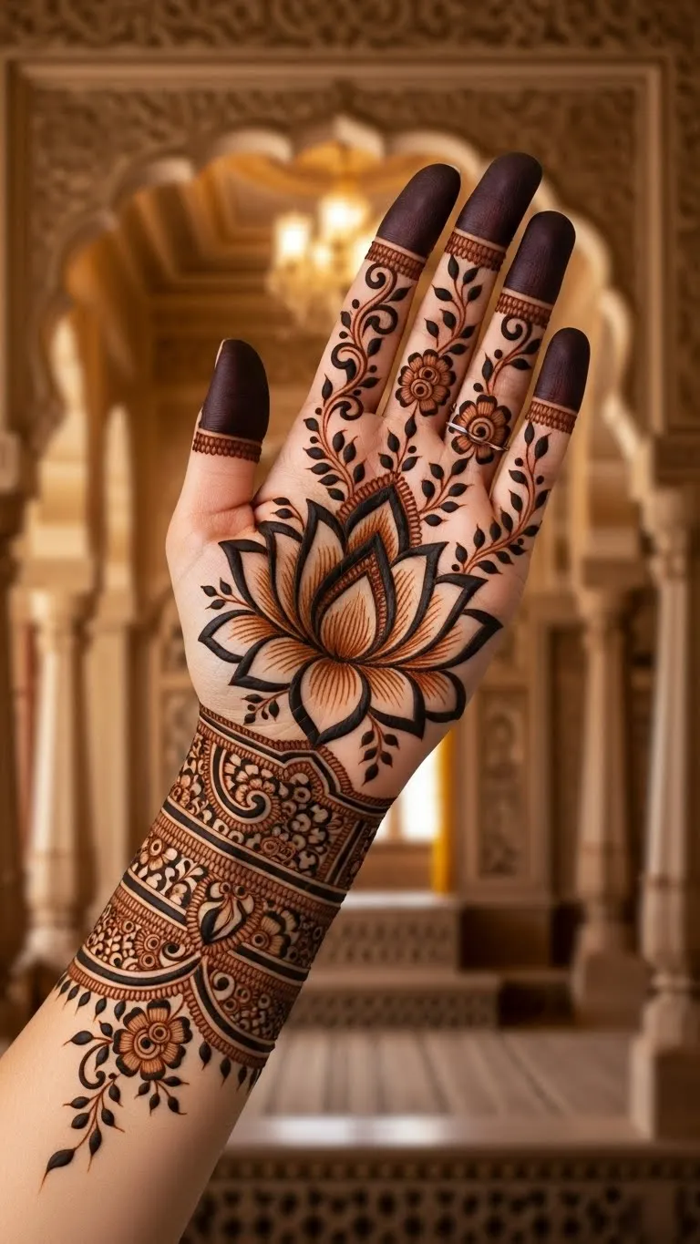 Floral lotus Arabic mehndi for right hand
