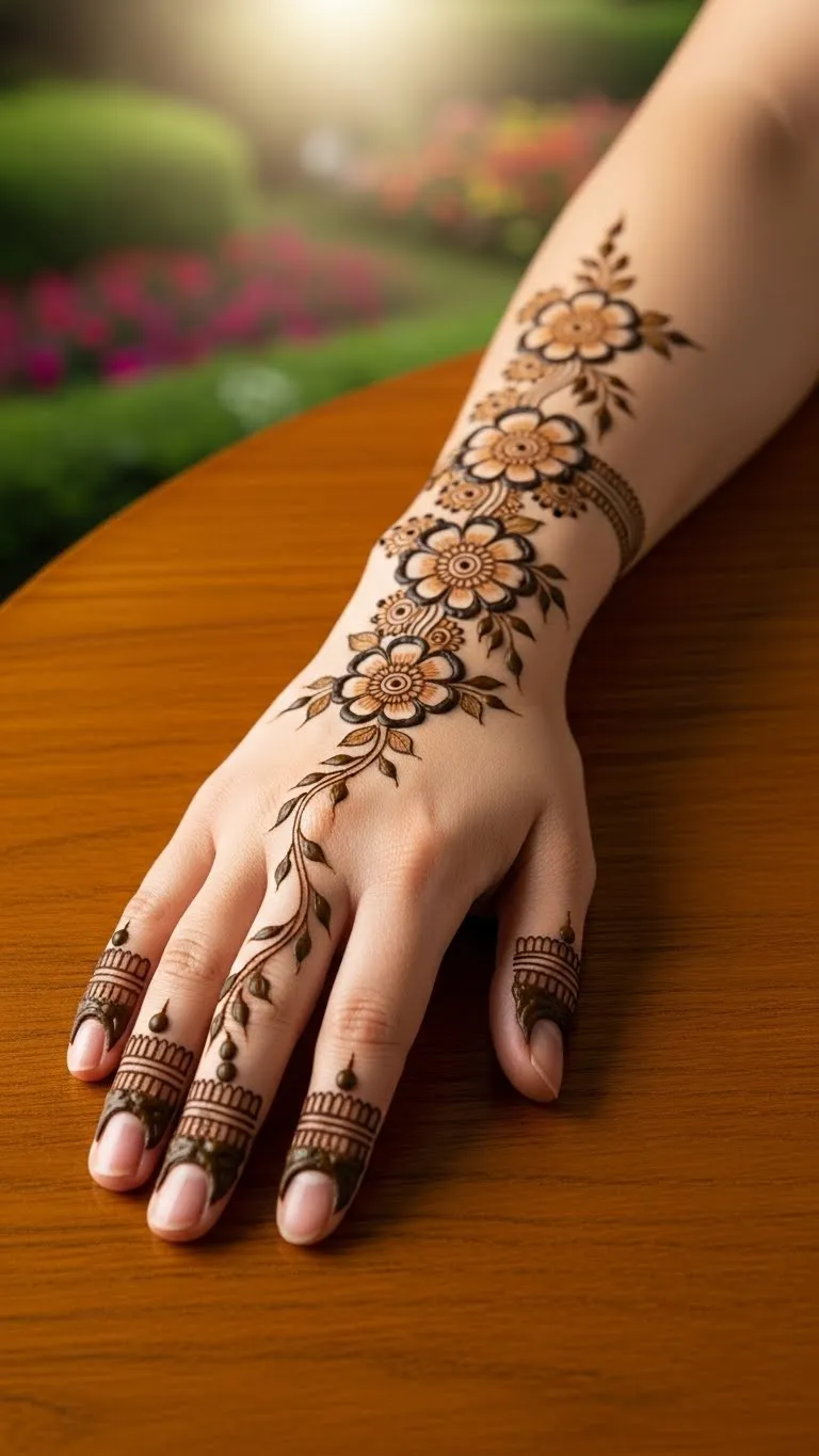 Multi-flower Arabic mehndi for right hand