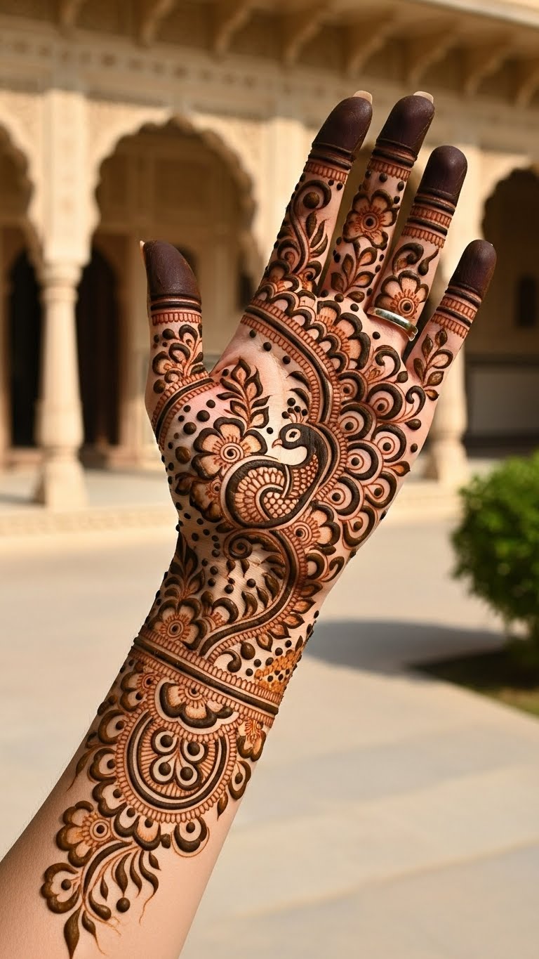 Full right hand peacock floral Arabic mehndi