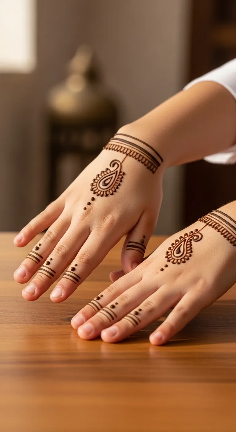 Simple Arabic paisley mehndi on kid's finger