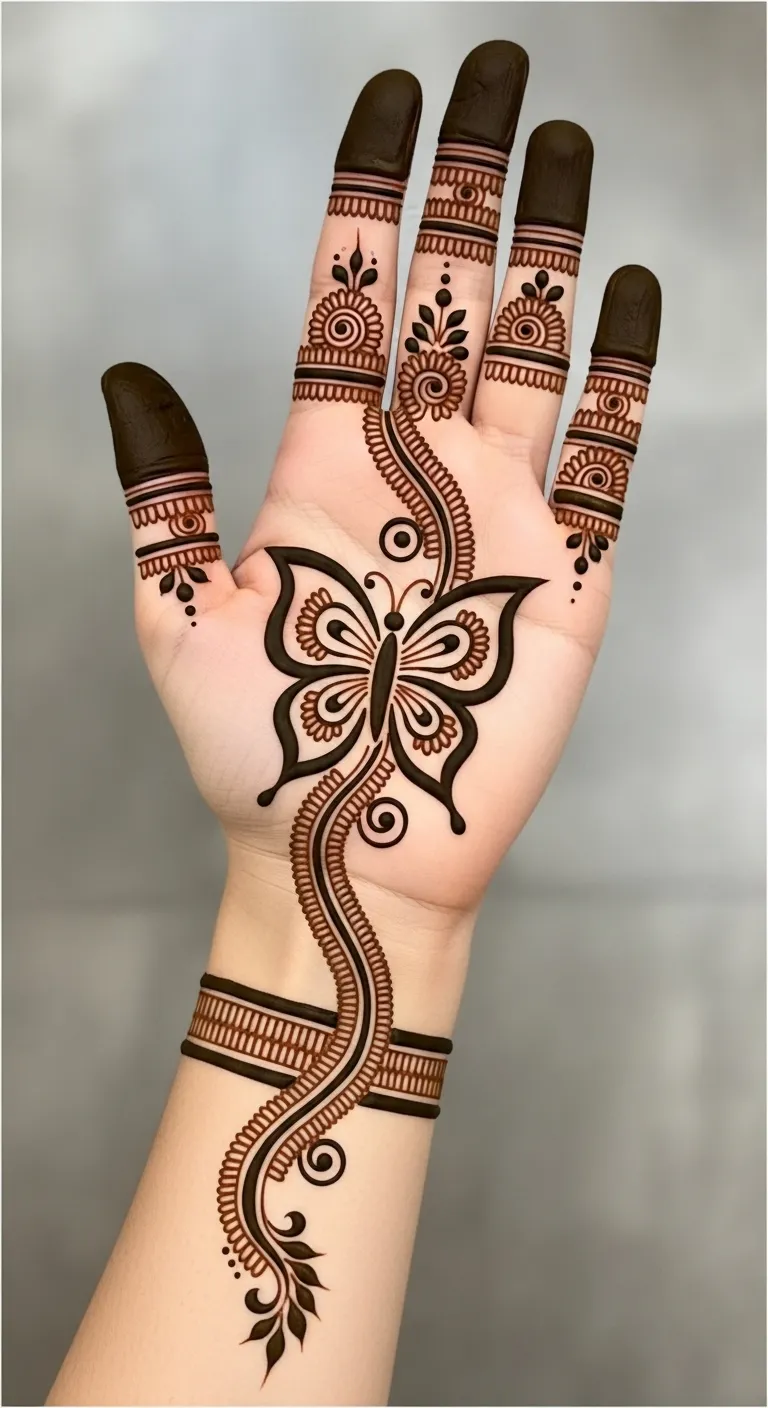 Butterfly Arabic mehndi for kids front hand