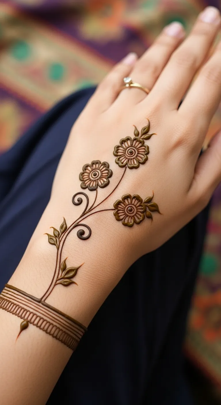 Minimalist Arabic mehndi with flowers on front hand
