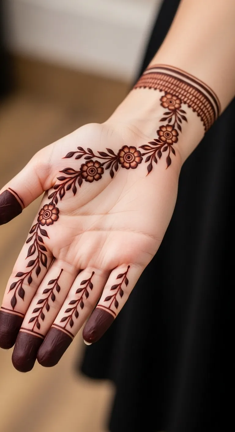 Minimal Arabic vine mehndi for front hand