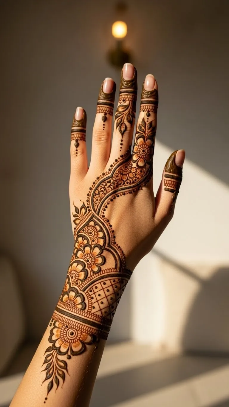 Asymmetric modern Arabic mehndi for full hand