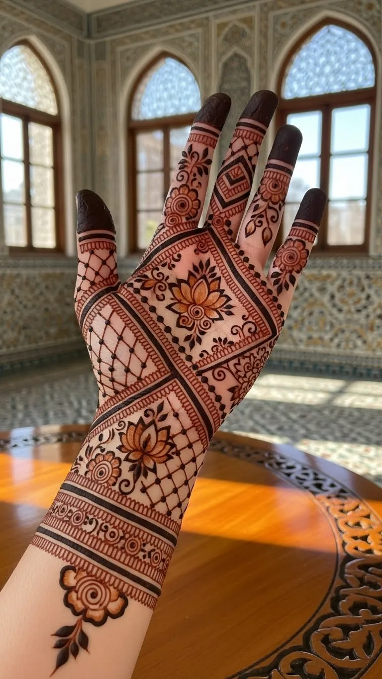 Modern geometric floral Arabic mehndi for full hand
