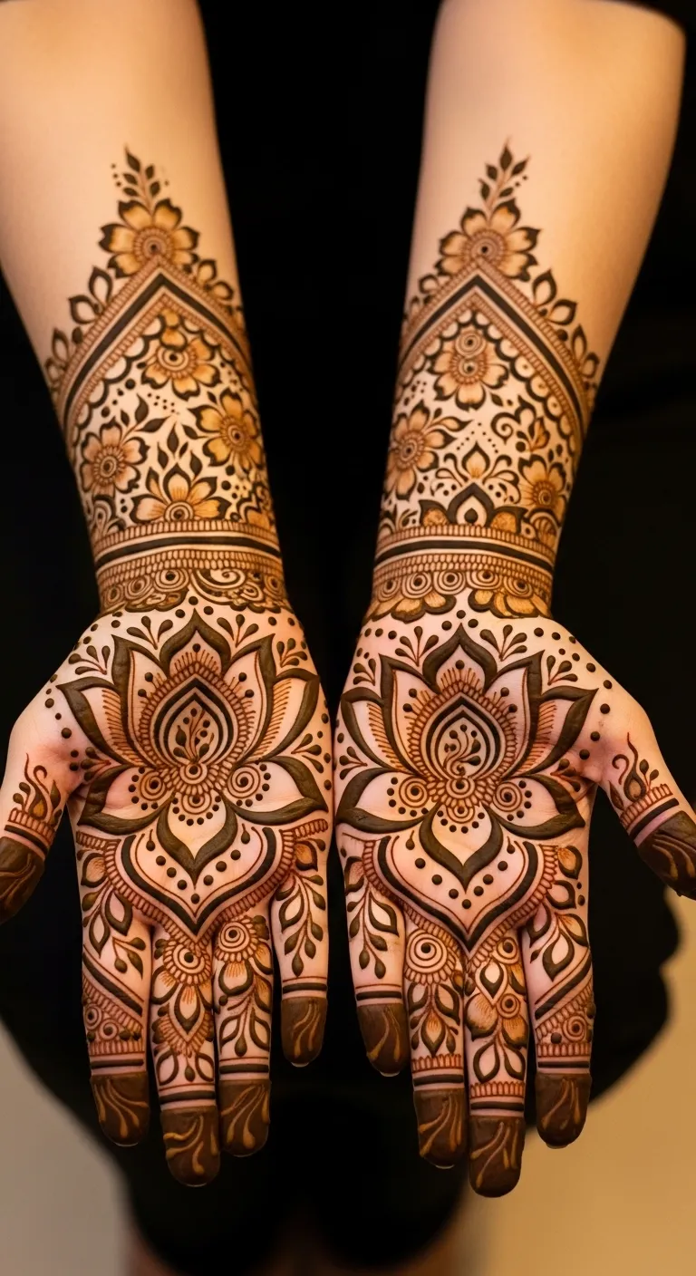 Open lotus Arabic mehndi with intricate details