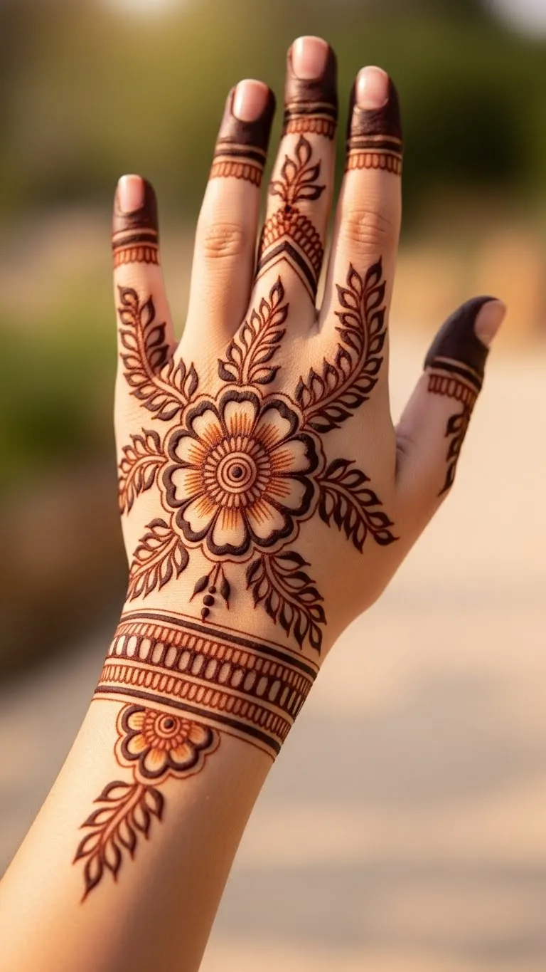 Arabic full back hand mehndi with central floral