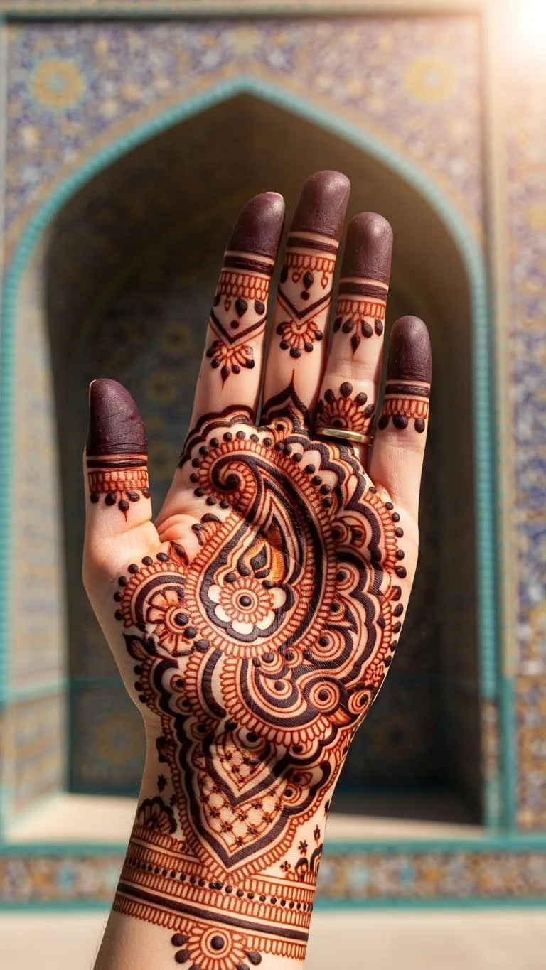 Arabic paisley cluster mehndi for right hand
