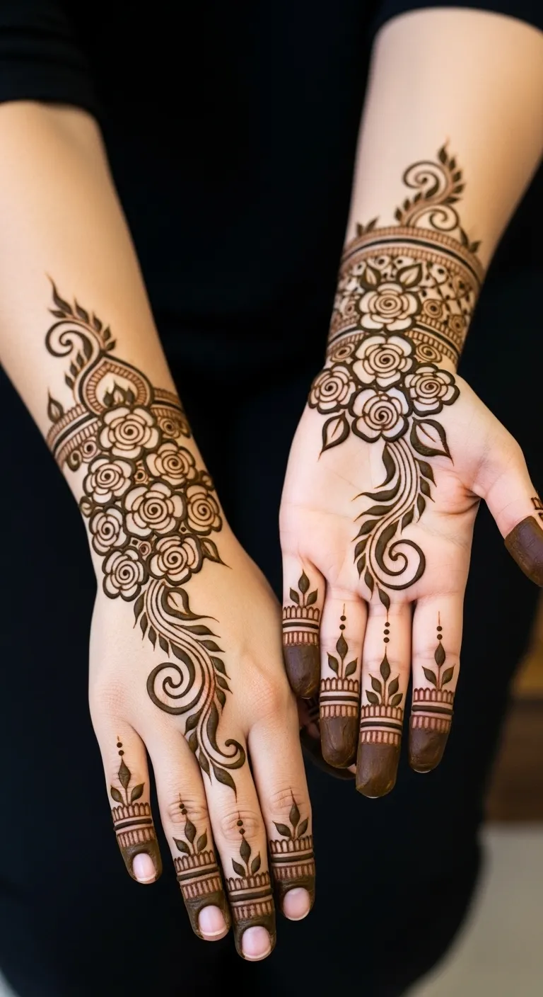 Rose bud cluster Arabic mehndi with vines