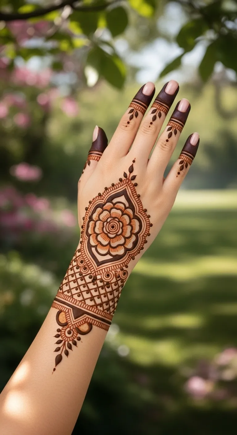 Centered rose Arabic mehndi for right hand