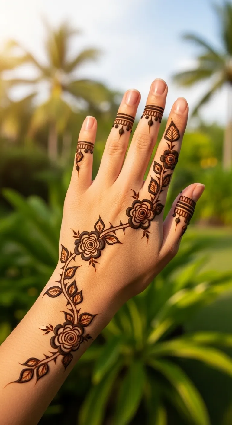 Rose vine diagonal Arabic mehndi right hand