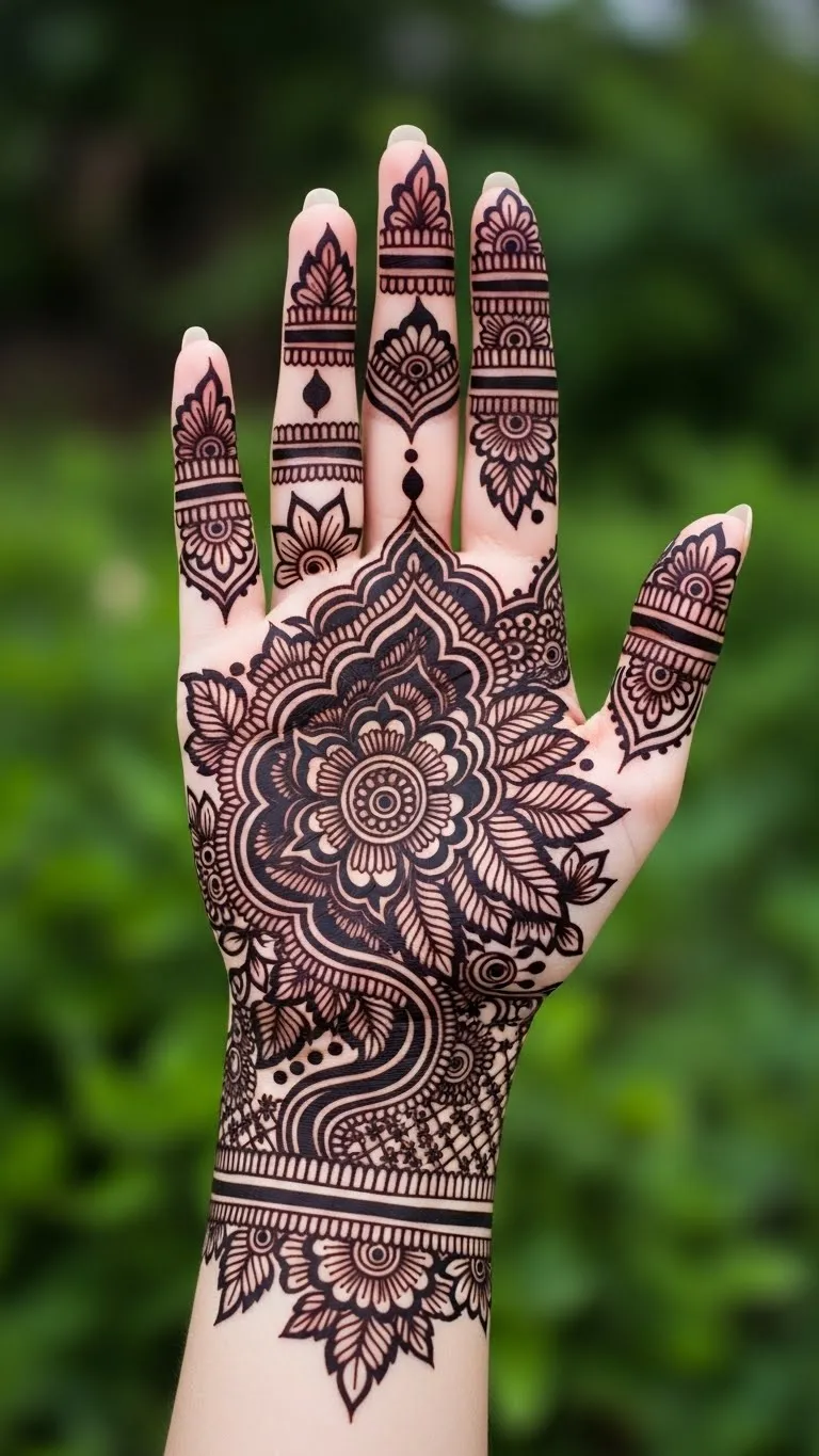 Shaded leaf Arabic mehndi for full hand