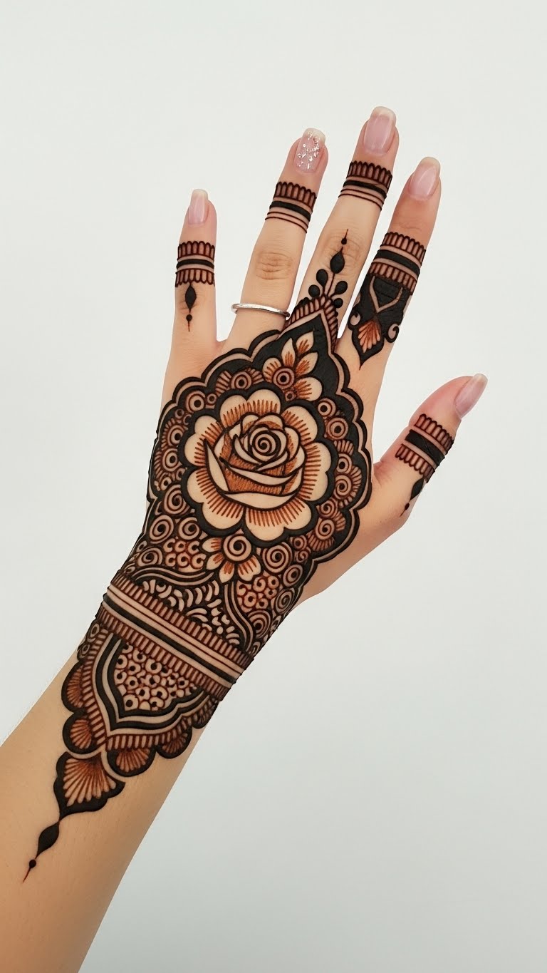 Shaded Arabic full hand mehndi with gradient rose