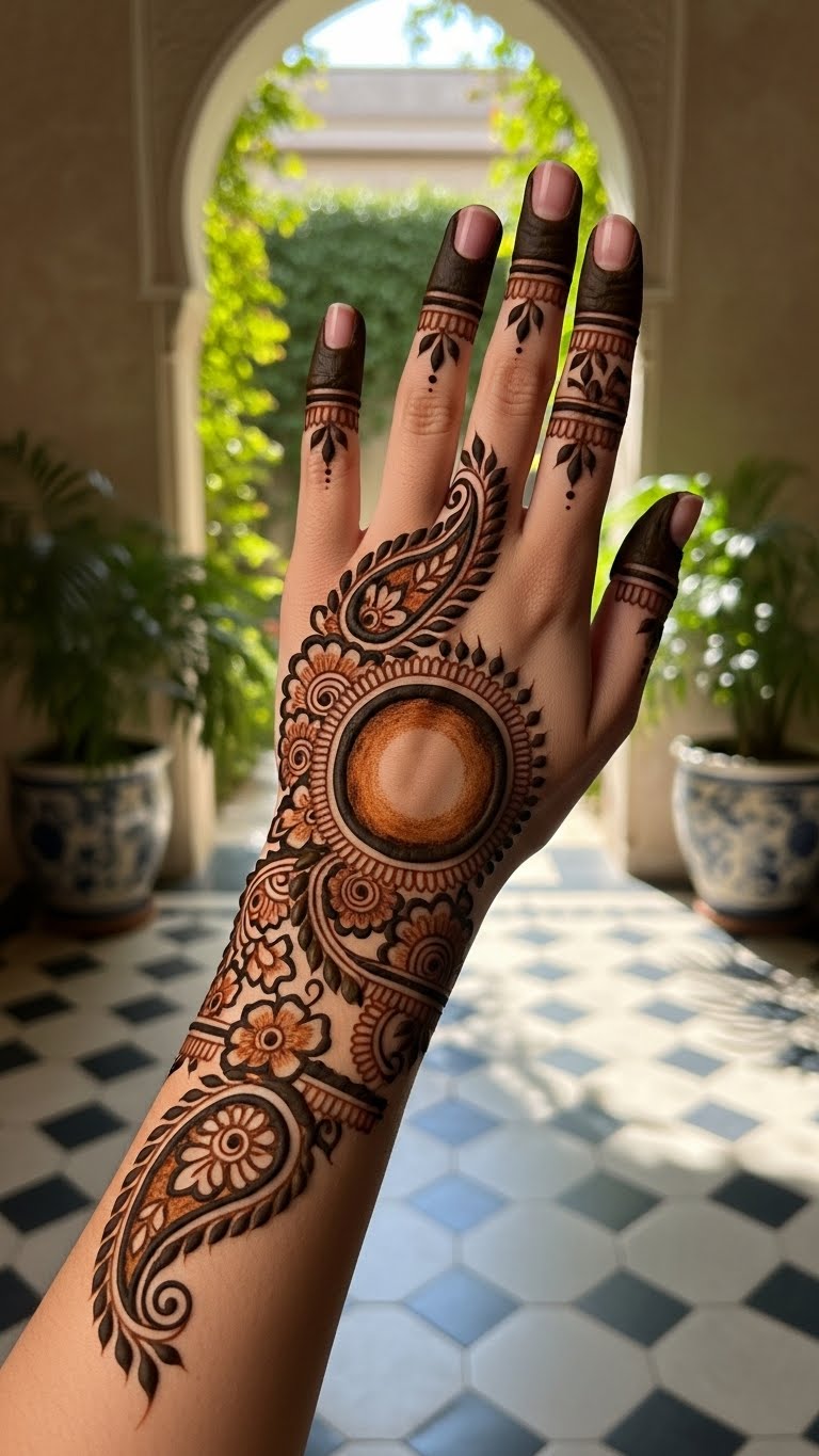Shaded paisley Arabic mehndi right hand