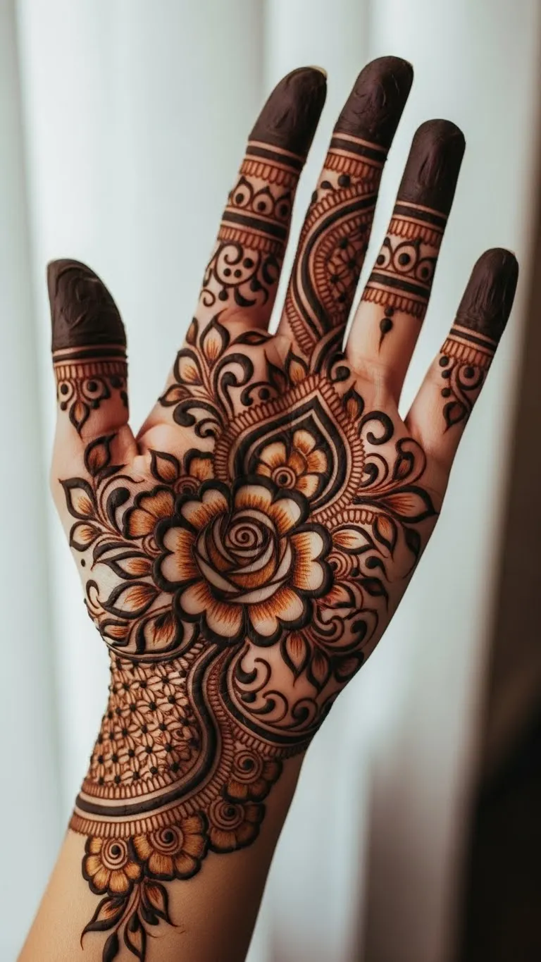 Shaded rose Arabic mehndi for right hand