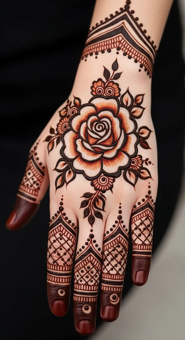 Shaded rose Arabic mehndi for front hand