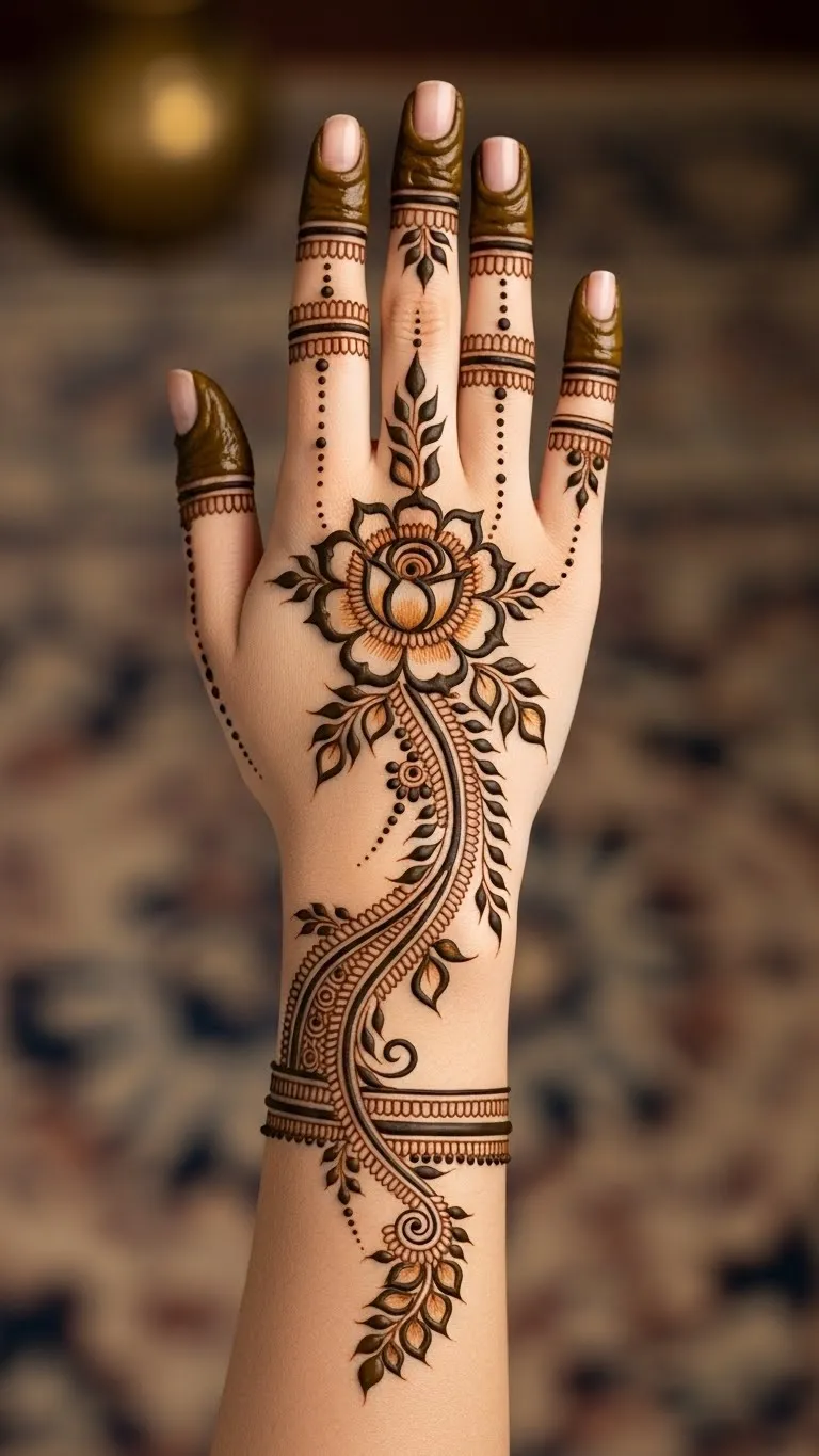Simple Arabic full hand mehndi with single flower