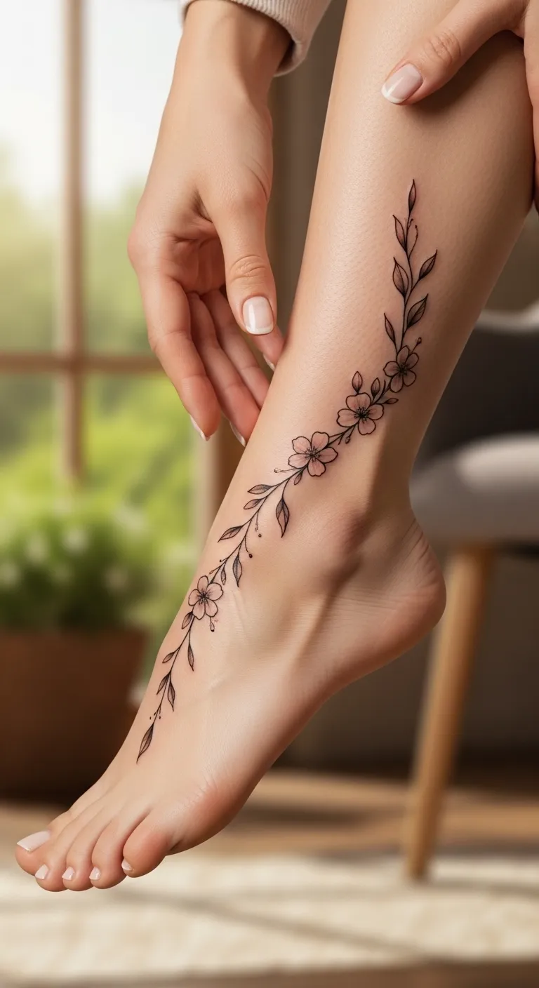 Simple Arabic leg mehndi with trailing vine design