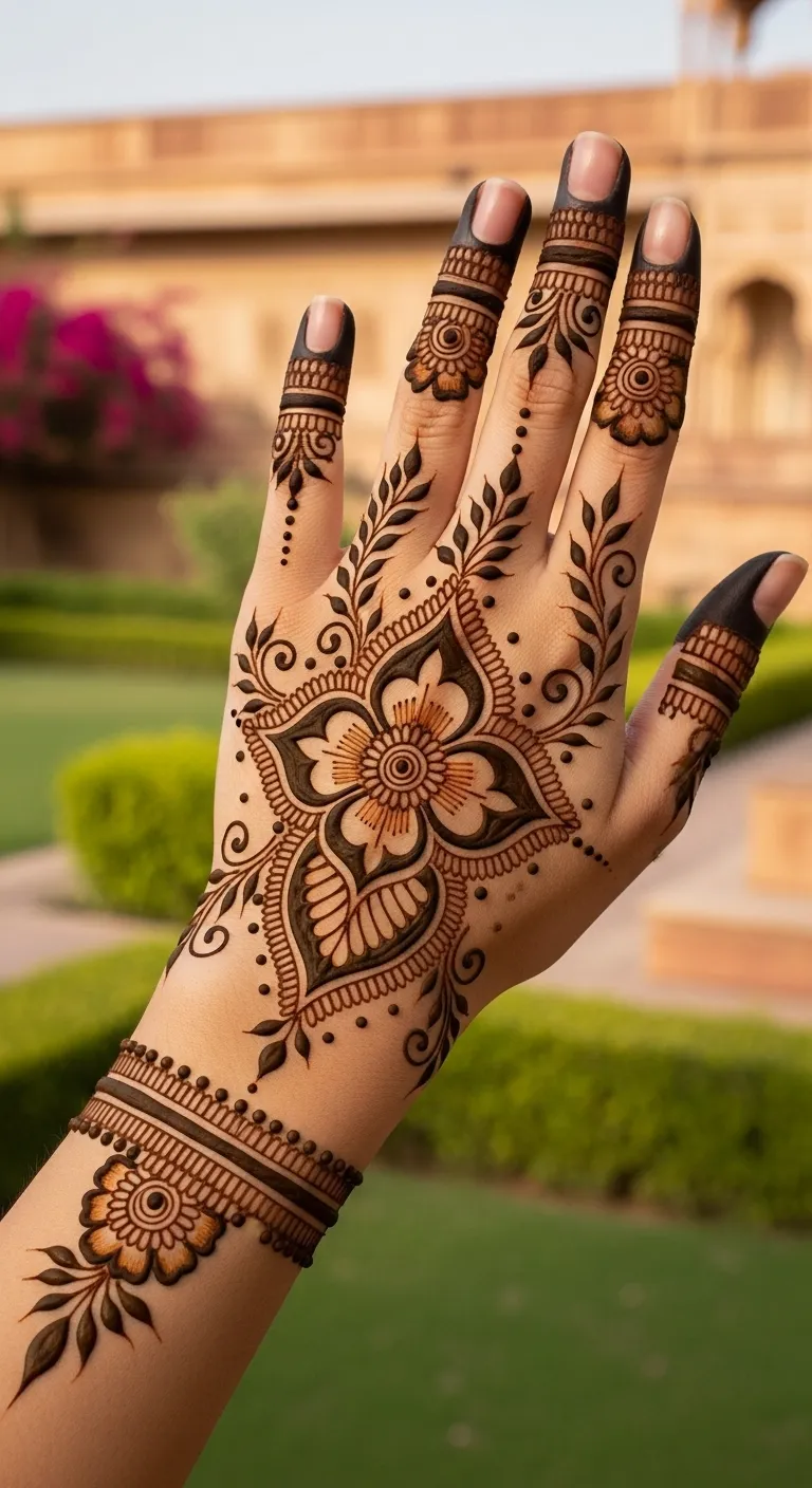Simple Arabic mehndi with three-petal flower
