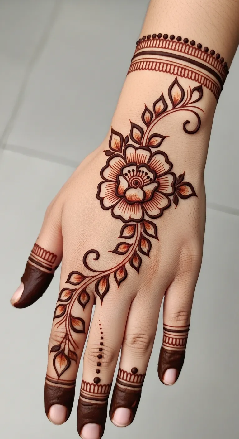 Simple single flower Arabic mehndi for front hand